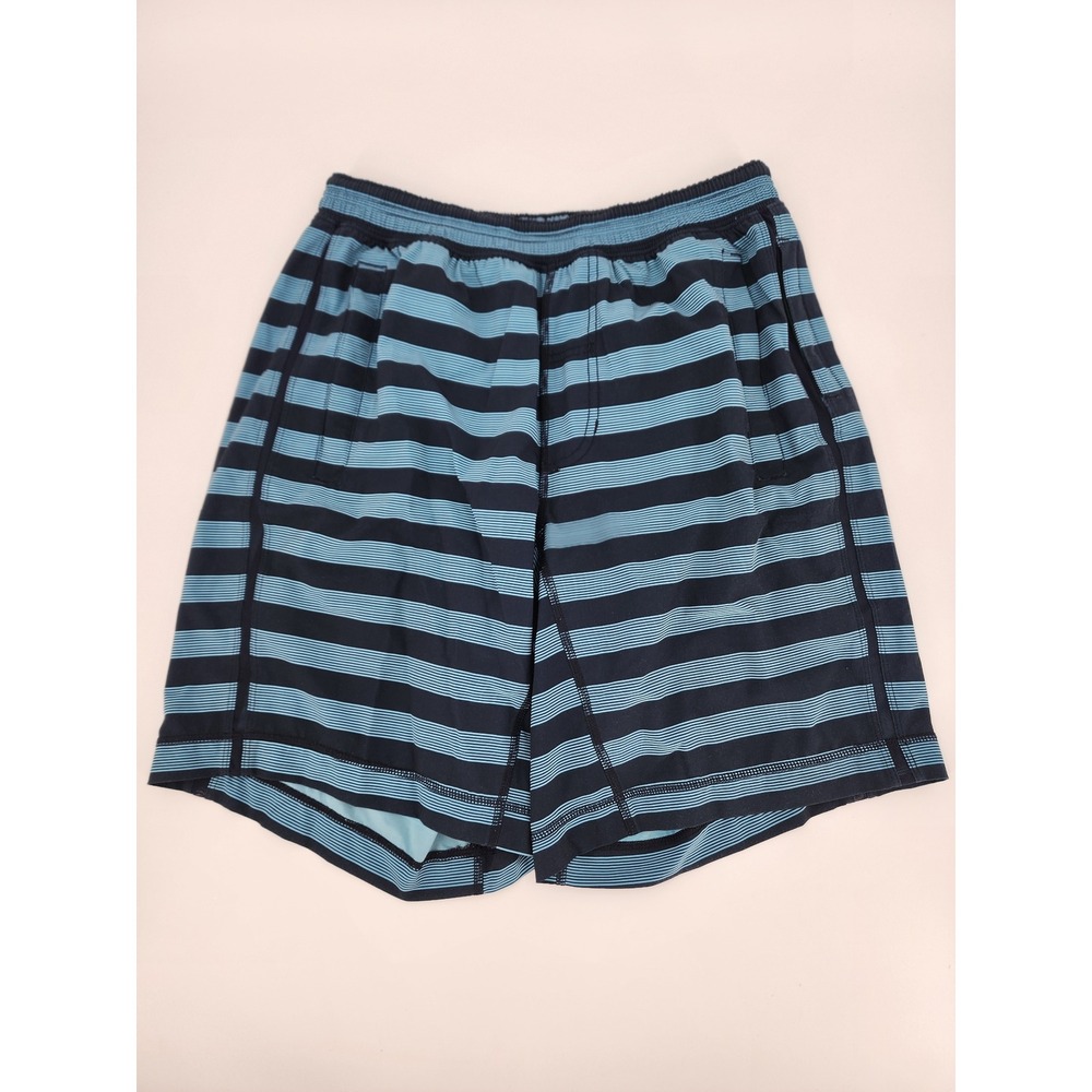 Lululemon Mens Blue Striped Athletic Training‎ Shorts with Liner Logo
